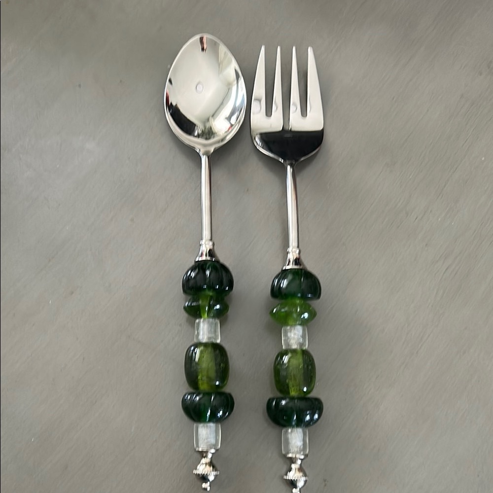 Pottery Barn Green and Silver Serving Utensils